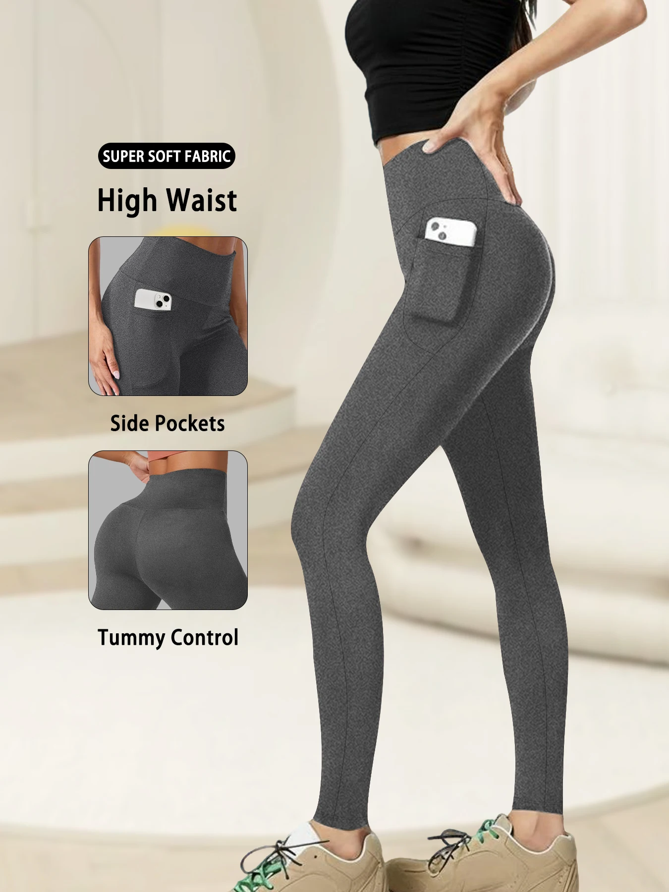 Damen Superweiche Leggings mit Taschen, Hochgeschnittene Bauchkontrolle für Yoga, Workout und Bequeme Freizeitkleidung – Detail 8