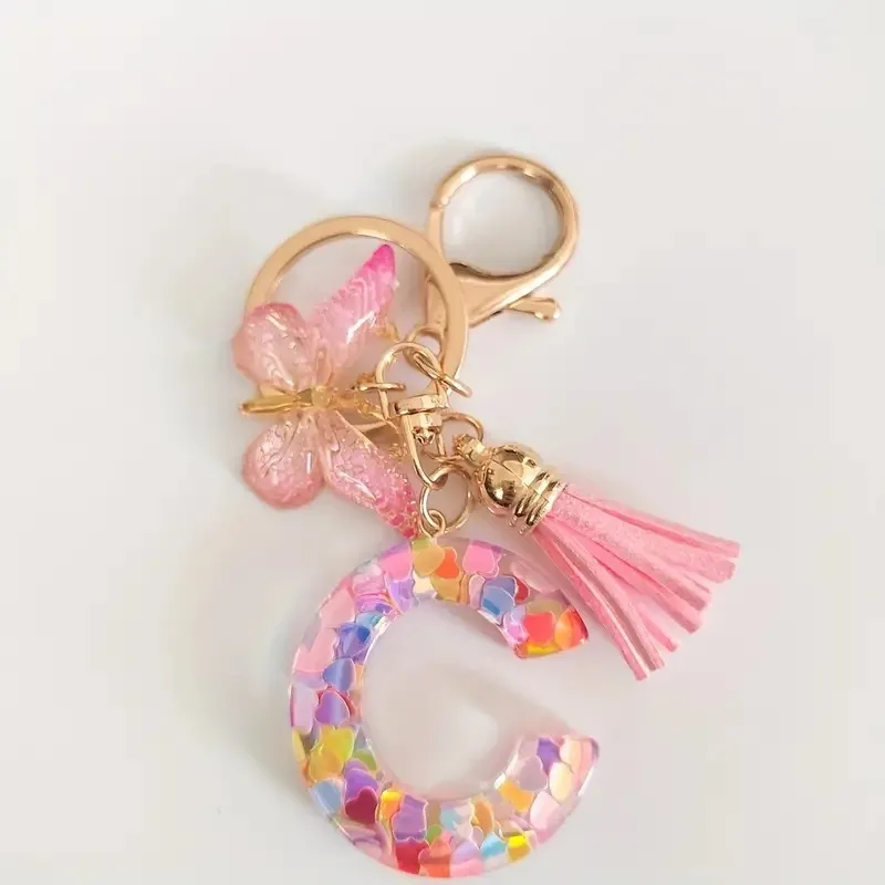 26 Letter Keychain Pink Glitter Resin Butterfly Tassel Decoration Car Key DIY Keychain Pendant Keychain Kawaii Lanyard  Love 4