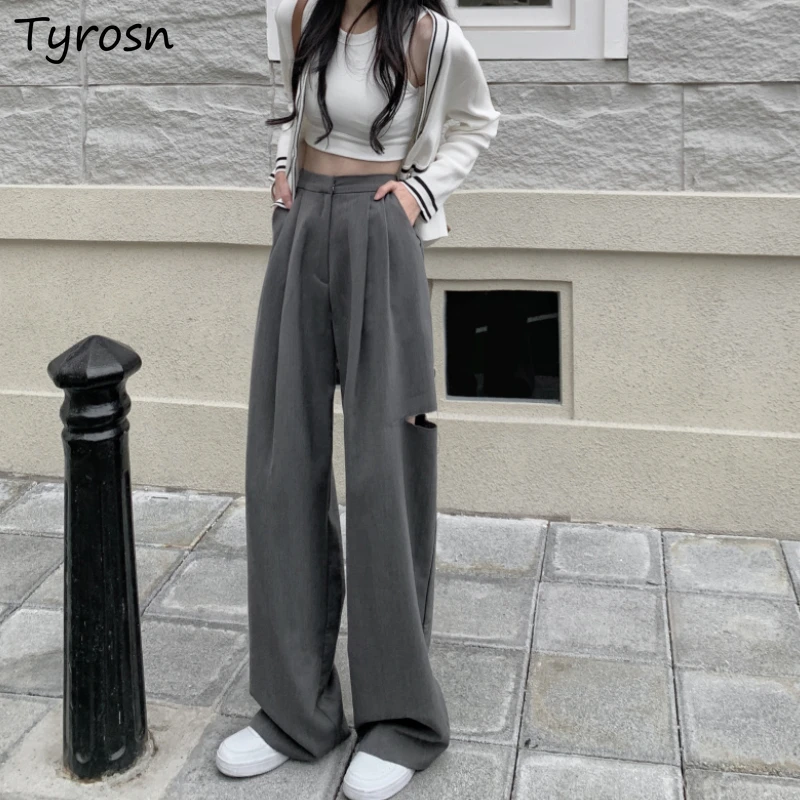 

Casual Pants Women Hole Design Personality Pure Minimalist All-match Empire Korean Style Streetwear Ladies Summer Classic Loose