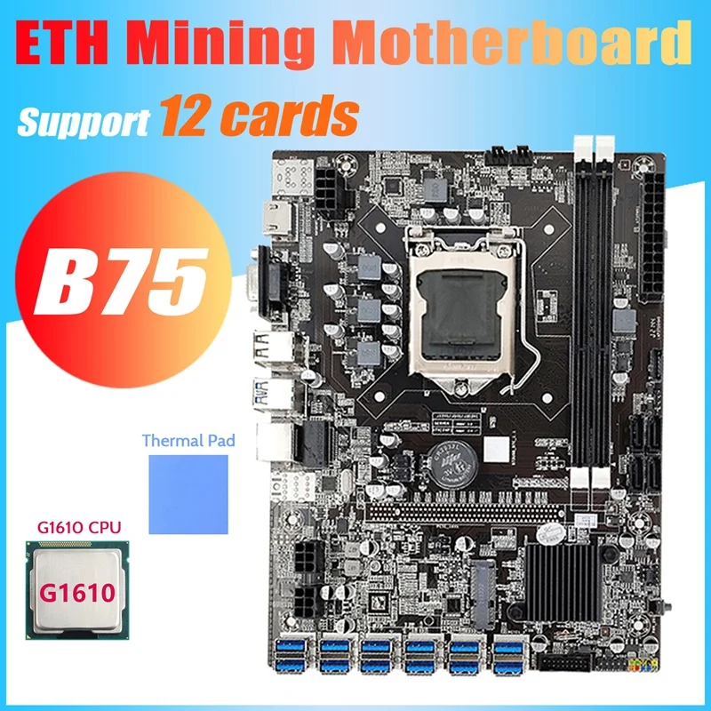 B75 ETH Mining Motherboard 12 PCIE To USB3.0+G1610 CPU+Thermal Pad LGA1155 MSATA DDR3 B75 BTC USB Miner Motherboard best pc mother board