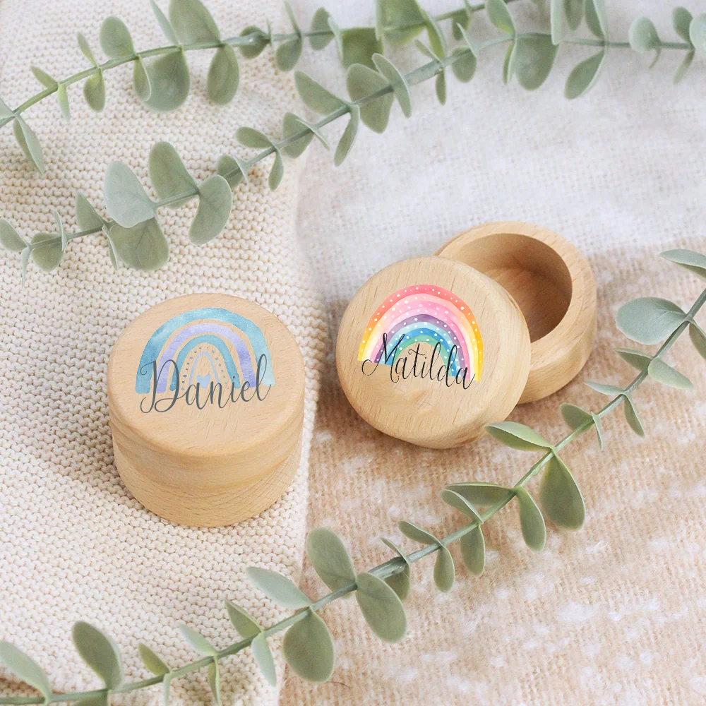 Wooden Storage Box Tooth Box Wooden Memorial Box Baby Memory Box Personalised Rainbow with Name Teeth Boxes Baby Tooth Box Keepsake Umbilical Curl Hair Wood Collect Case Kids Shower Gift