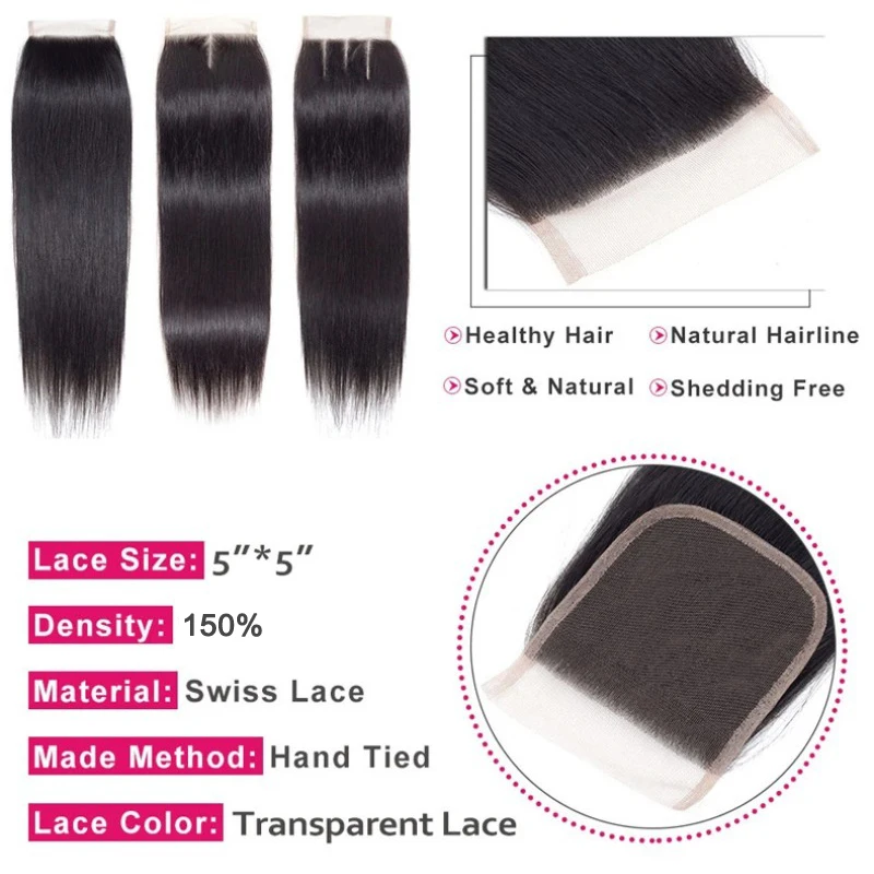 5x5 Lace Closure Straight Hair Human Hair Pre-Plucked Hairline Brazilian Virgin Transparent Lace Closure For Women