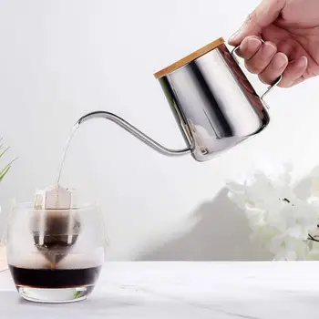 350ML 250ML Gooseneck Drip Kettle With Wood Lid Stainless Steel Coffee Tea Pot Swan Neck Thin Mouth Espresso Coffee Machine