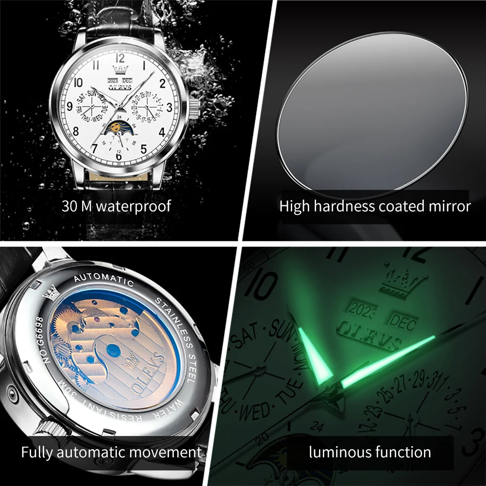 OLEVS Top brand Luxury Moon Phase Automatic Mechanical Watch for Men Date Week Leather Strap Waterproof Man's Watches Luminous 5