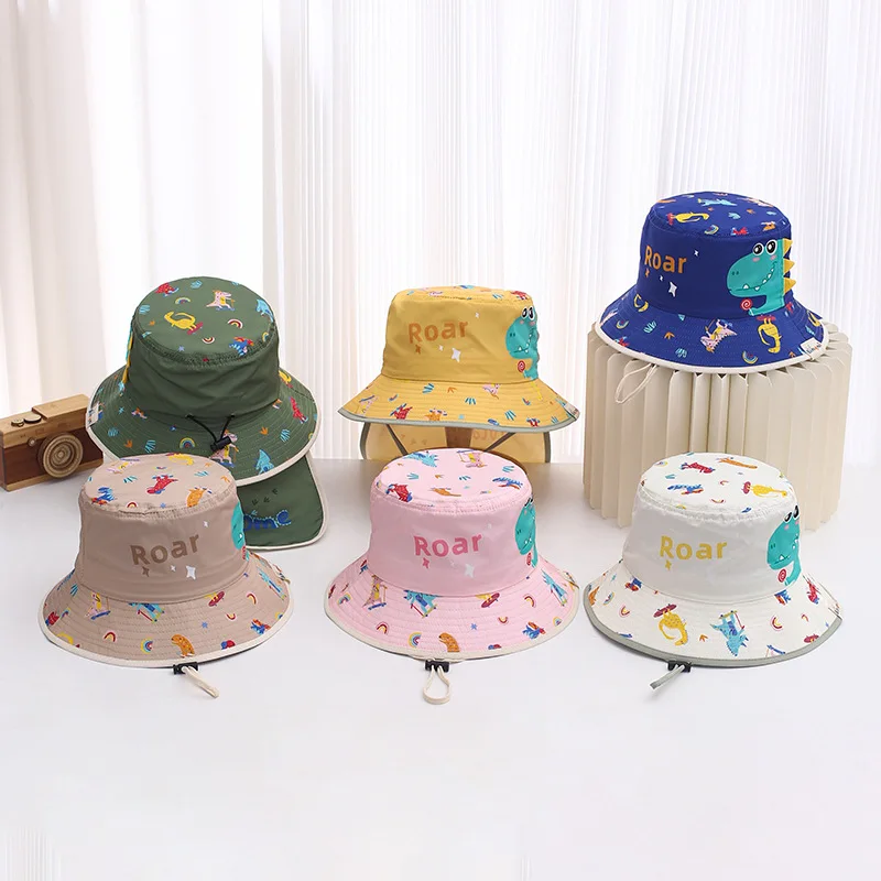 

2024 New Baby Sun Hat for Kids UV Protection Adjustable Cartoon Dinosaur Children's Fisherman Hat Spring Summer Cap with Shawl