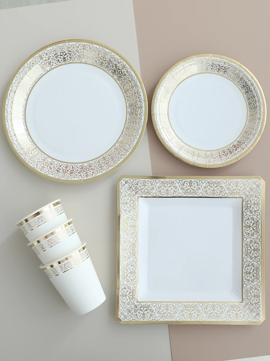 Description Picture 2 of itemGold lace set tableware disposable paper plates cups tissues birthdays genders revealed wedding events party decorations