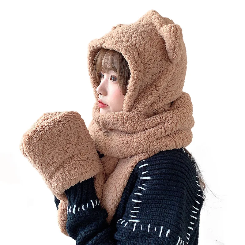 New Cute Bear Ear Hat Scarf Gloves Set Women Winter Novelty Caps Warm Plush Hats Casual Solid Fleece Girl Party Accessories