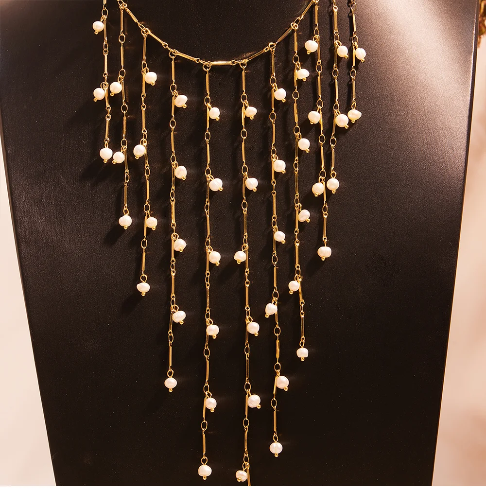 Goldene Silber Natürliche Süßwasser Perle Halskette frauen Edelstahl Vergoldet Lange Quaste Halsband Femme Elegante Schmuck – Detail 4