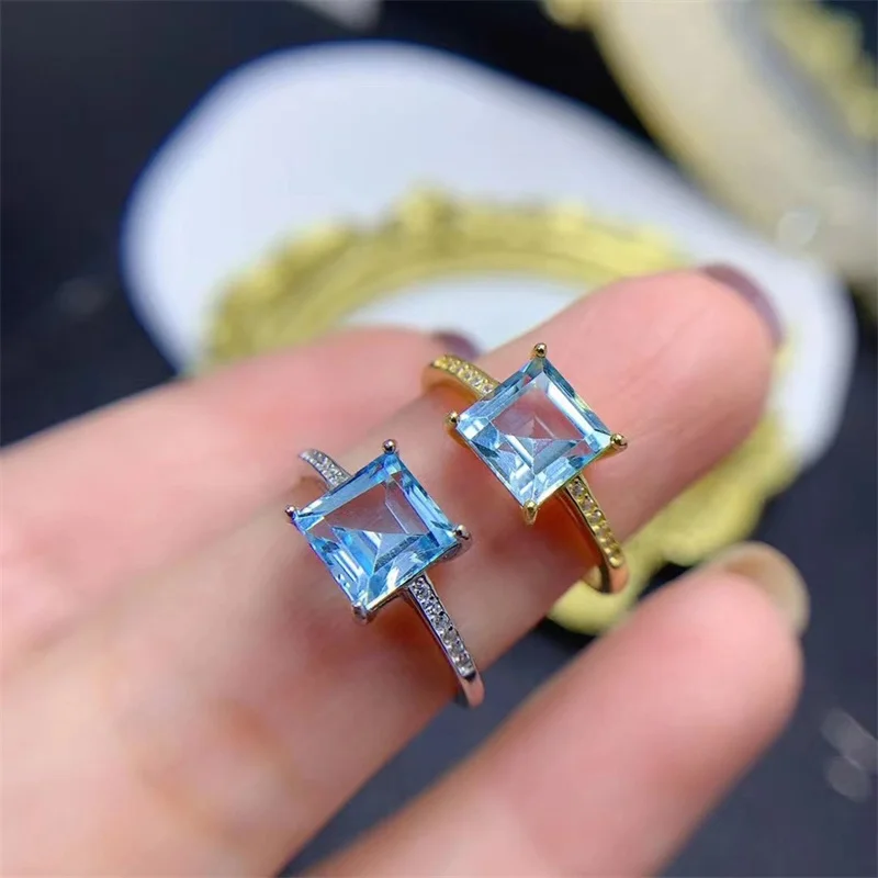

Ring Authentic S925 Silver Natural Sky Blue Topaz Princess Square Shape Wedding Ring for Women Gift Gemstone with Certificate