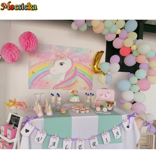 유니콘 생일 사진 배경, 레인보우 파티 생일 장식, 소녀 케이크 스매쉬 사진 배경 스튜디오 사진 소품 3
