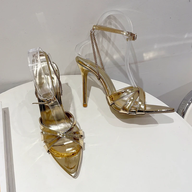 

ZOOKERLIN Peep Toe Metal Chain Ankle Strap Buckle Women's Sandals Hollow Silk Solid Color Stiletto High Heels Size 35-41 Pointed