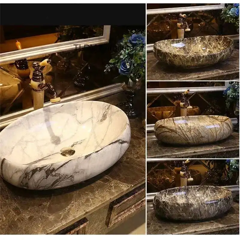 Nordic รูปไข่ Marbling อ่างล้างหน้าเซรามิคอ่างล้างหน้าเฟอร์นิเจอร์ห้องน้ําอ่างล้างจานชามอ่างล้างหน้าอ่างล้างหน้าอ่างล้างจานชาม MC 1