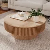 31.5'' Natural Coffee Table Modern Handcraft Drum Round Circle Wooden Solid Wood Veneer Tea Table for for Living Room Apartment 1