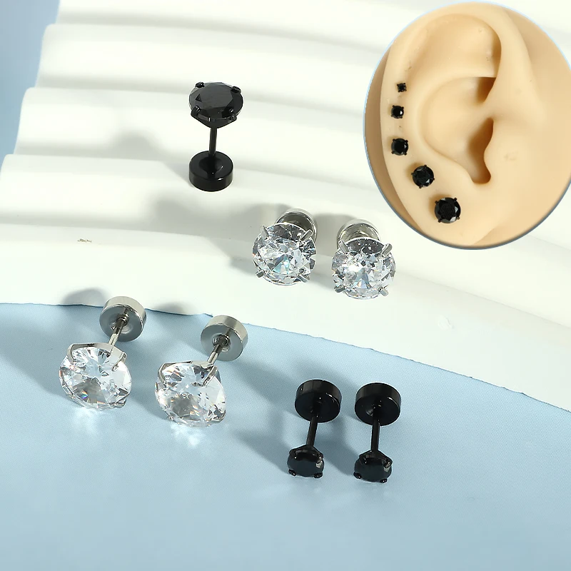 50pcs/lot Stainless Steel Crystal Flat Studs Women Men Bar Screw Back Tragus Round Clear Cubic Zirconia Piercing Earrings Jewelr