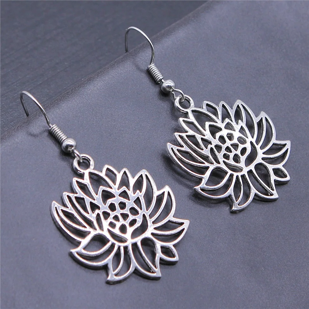 

Antique Silver Color Lotus Earrings Fashion Vintage Simple Design Women Vintage Drop Earrings