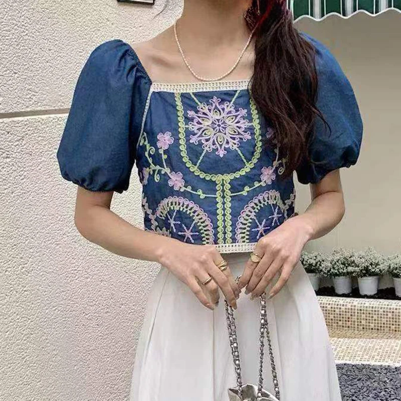 Smocked Neck Embroidered Puff Sleeve Top