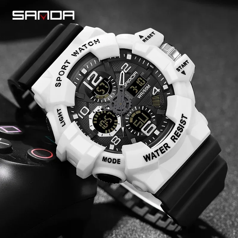 SANDA 3168 Multifunction Clock Relogio Masculino Men Military Watches White Sport Watch  LED Digital 50M Waterproof Watch Men 4