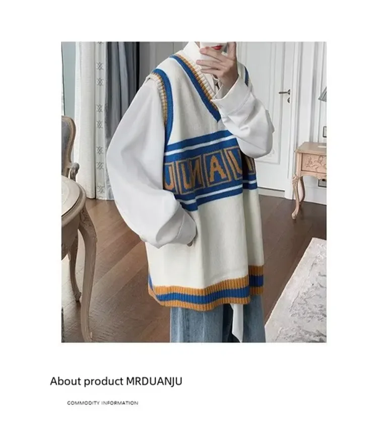 Spring Autumn Fashion V-neck Color Block Backless Sweater Loose Letter Knitted Shirt Cover Head Marque Men Teenagers
