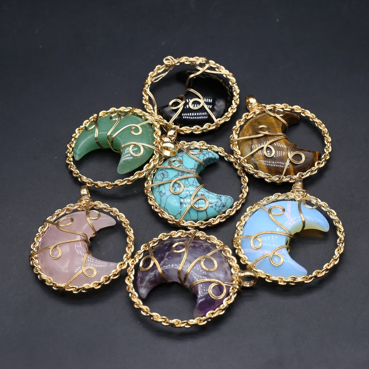 10PCS Wholesale Random Natural Stone Moon Shape Turquoise Amethysts  Pendant DIY Jewelry Making Necklace Earrings Accessories