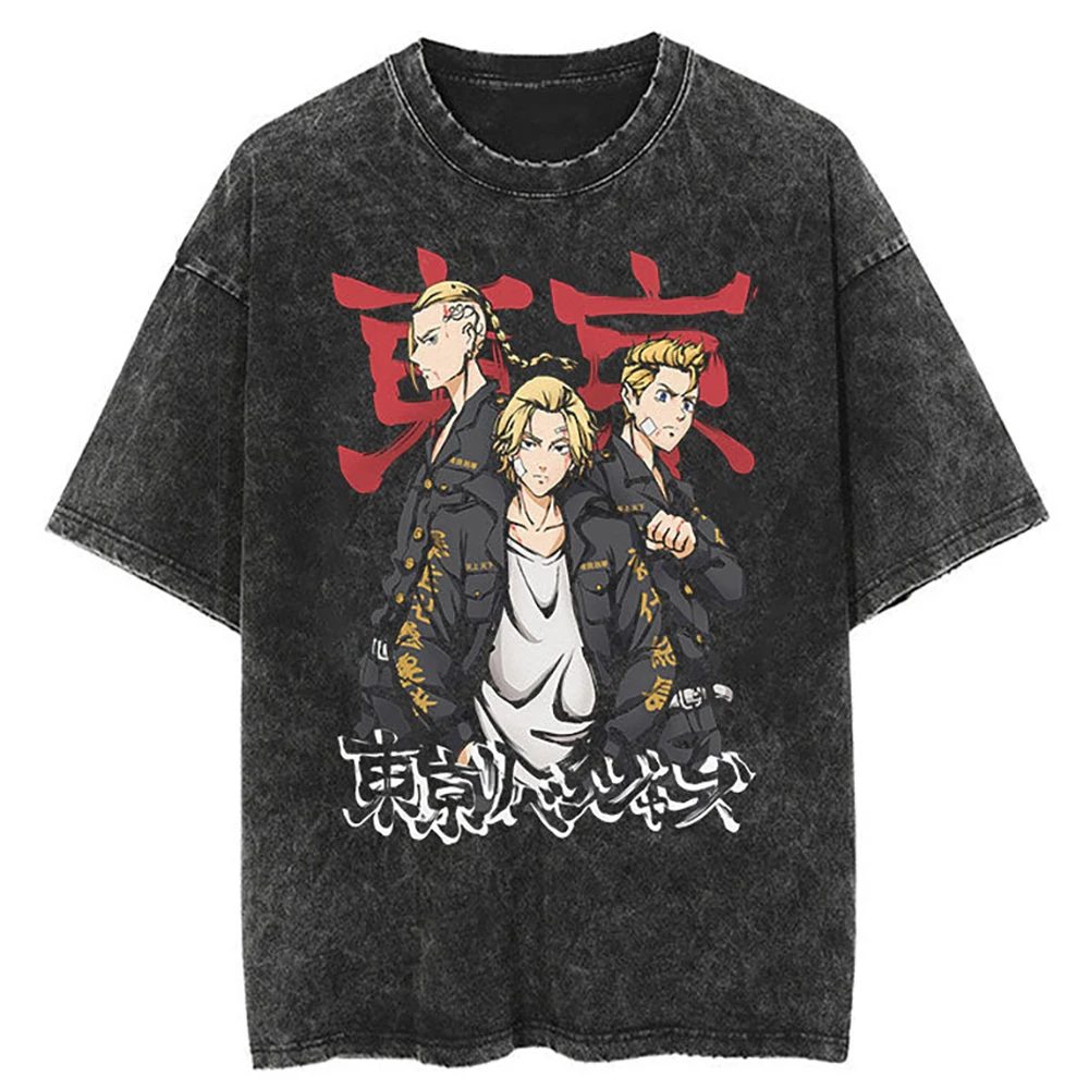 

Men Vintage Washed T-Shirt Hip Hop Japanese Anime Tokyo Avengers Print T Shirt Cotton Casual Tshirt Men Summer Short Sleeve Tee