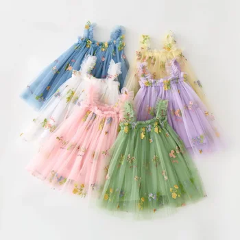 Vestito per Bambine Estate 2026 Nuovo Dolce Abito Principessa Floreale Senza Maniche con Ricami in Tulle di Qualità per Compleanno