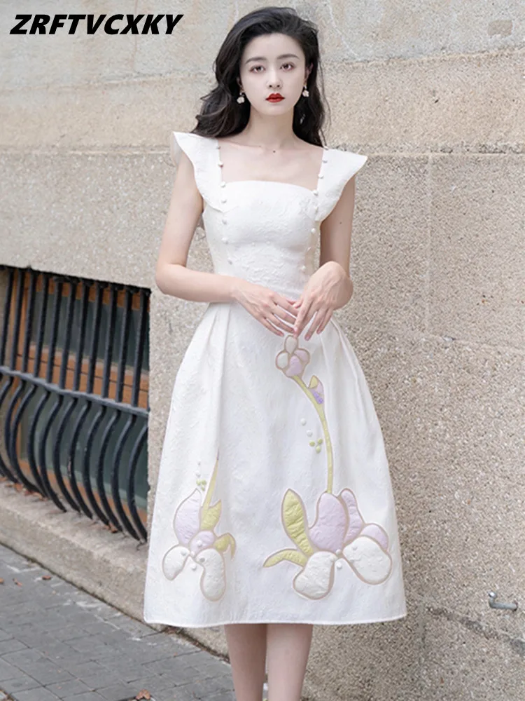 

ZRFTVCXKY Runway Temperament Square Collar Slim Midi Dresses Women Summer Designer Flying Sleeve Vintage Banquet Dress Vestidos