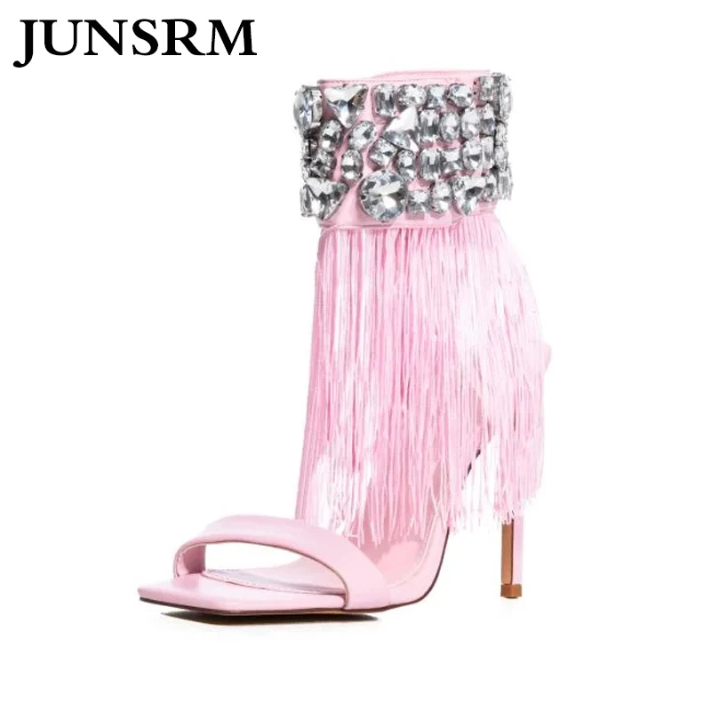 

Ankle Crystal Tassels Open Toe Sandal Boot 2023 Summer New Pink Sexy Fashion Super High Heel Stiletto Gladiator Sandal For Women