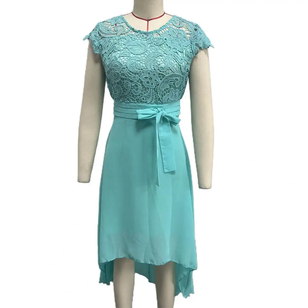 

Hollow Out Lace Dress Elegant Lace Evening Dress with V-shaped Back Belted Waist for Prom Party or Special Occasion Short Sleeve