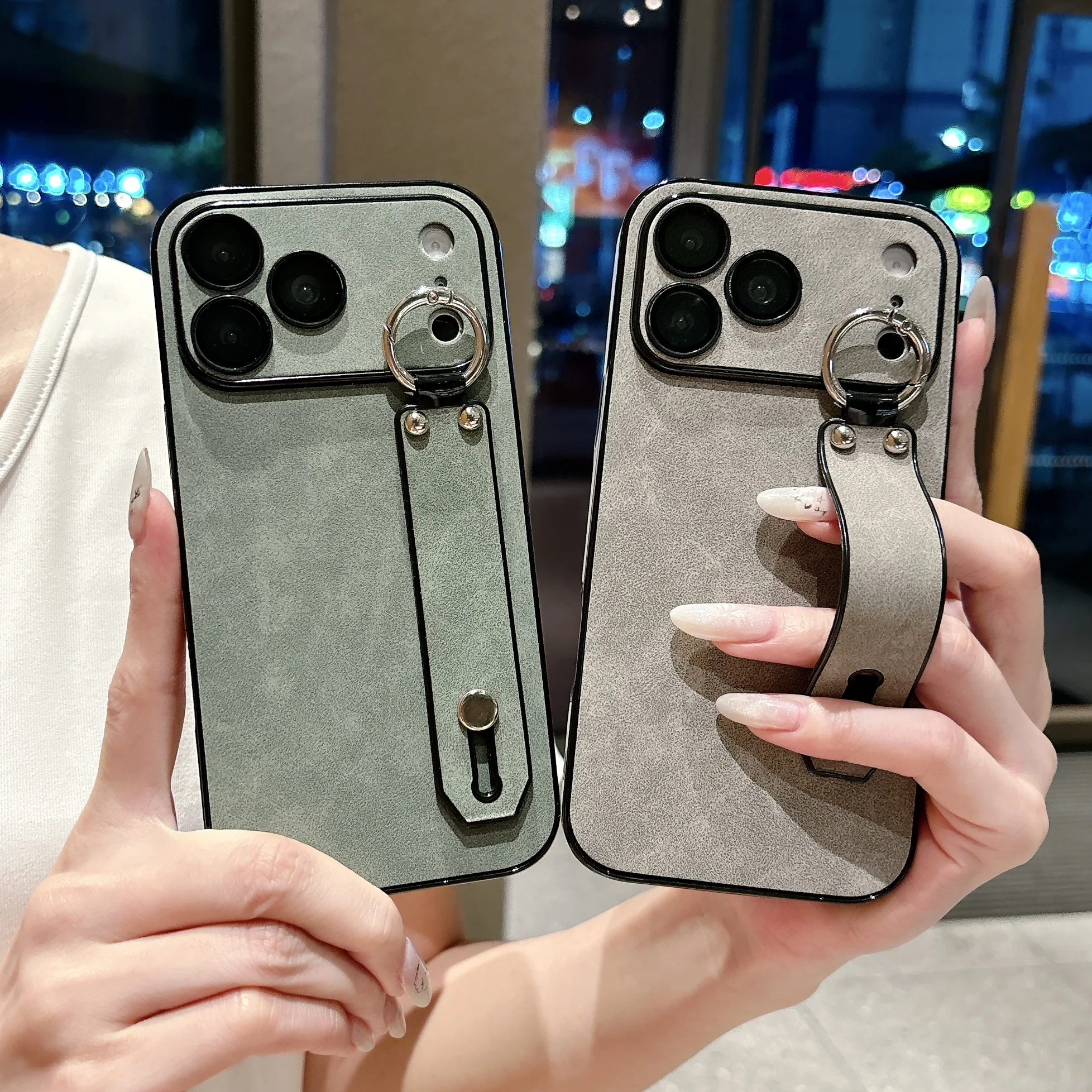 Luxury Matte Sheepskin Leather Phone Case with Bracket and Wrist Strap