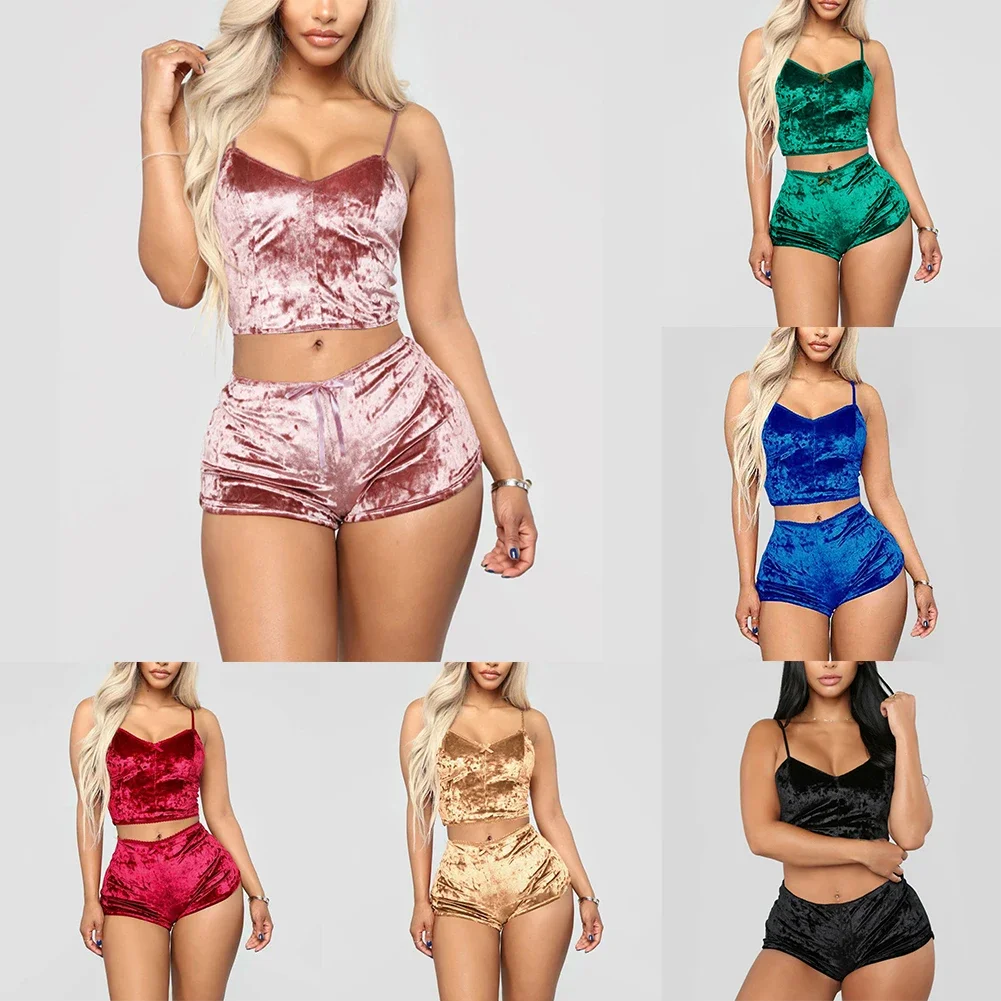 Women Sexy Lingerie Set Oil Shiny Nightwear Super Soft Short Sleepwear Sleeveless Crop Tops Solid Shorts Pajamas Set Casual Wear women pajamas set women pajama suit