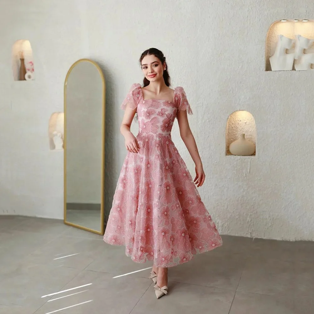 

Pink Flower A-line Evening Dress Elegant Square Neck Short Sleeve Flower Party Dress Ankle length Charming Ball Dress