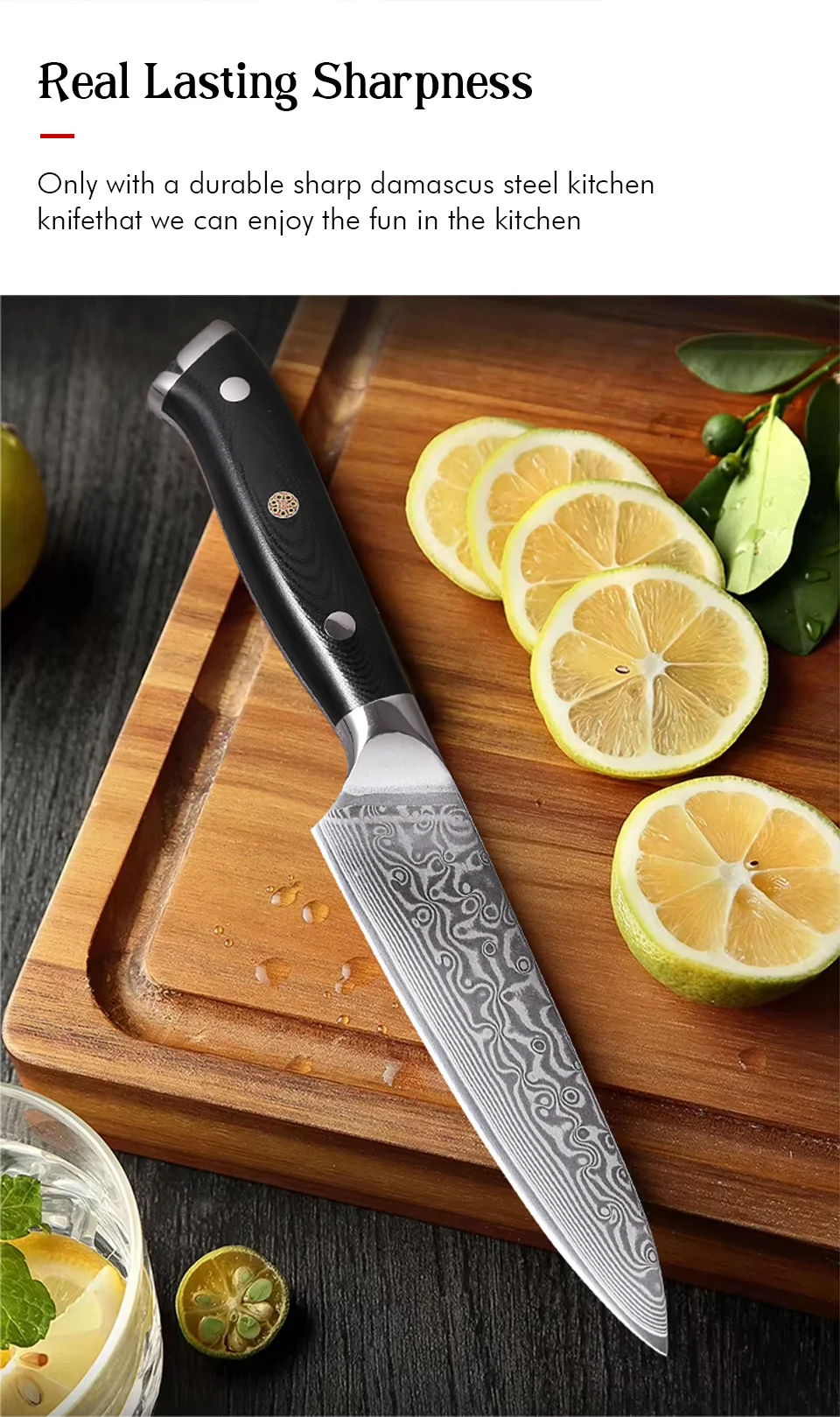 Damascus Steel Kitchen Knife – 5 Inch Utility Knife with Black G10 Handle, Rust Resistant Blade