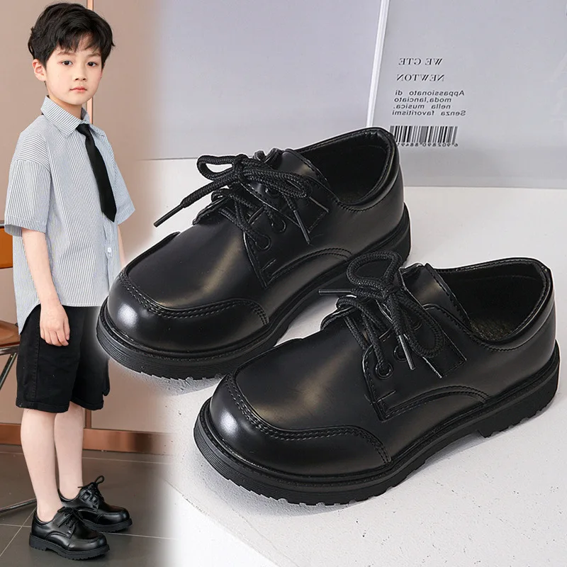 Boys Student Black Leater Shoes For School 3-12Years Old Kids Dress Shoes Children Fashion Performance Shoes Lace-up Soft-soled