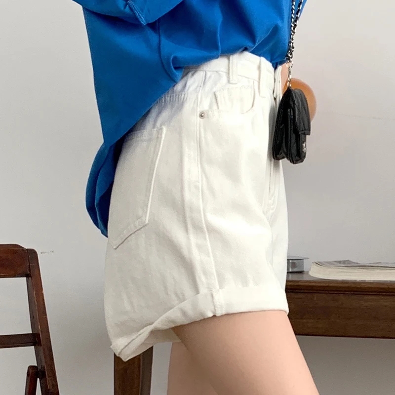 High Waist Rolled Denim Shorts Y2K Streetwear Casual Loose Casual Korean Chic Summer Beach Jeans Shorts Female White Black Blue