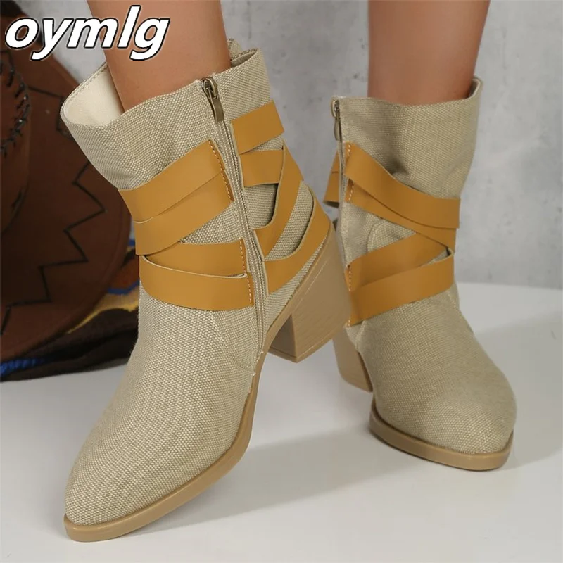 Women's short boots winter new round toe thick heel high heel and ankle boots with side zipper fashionable short boots for women