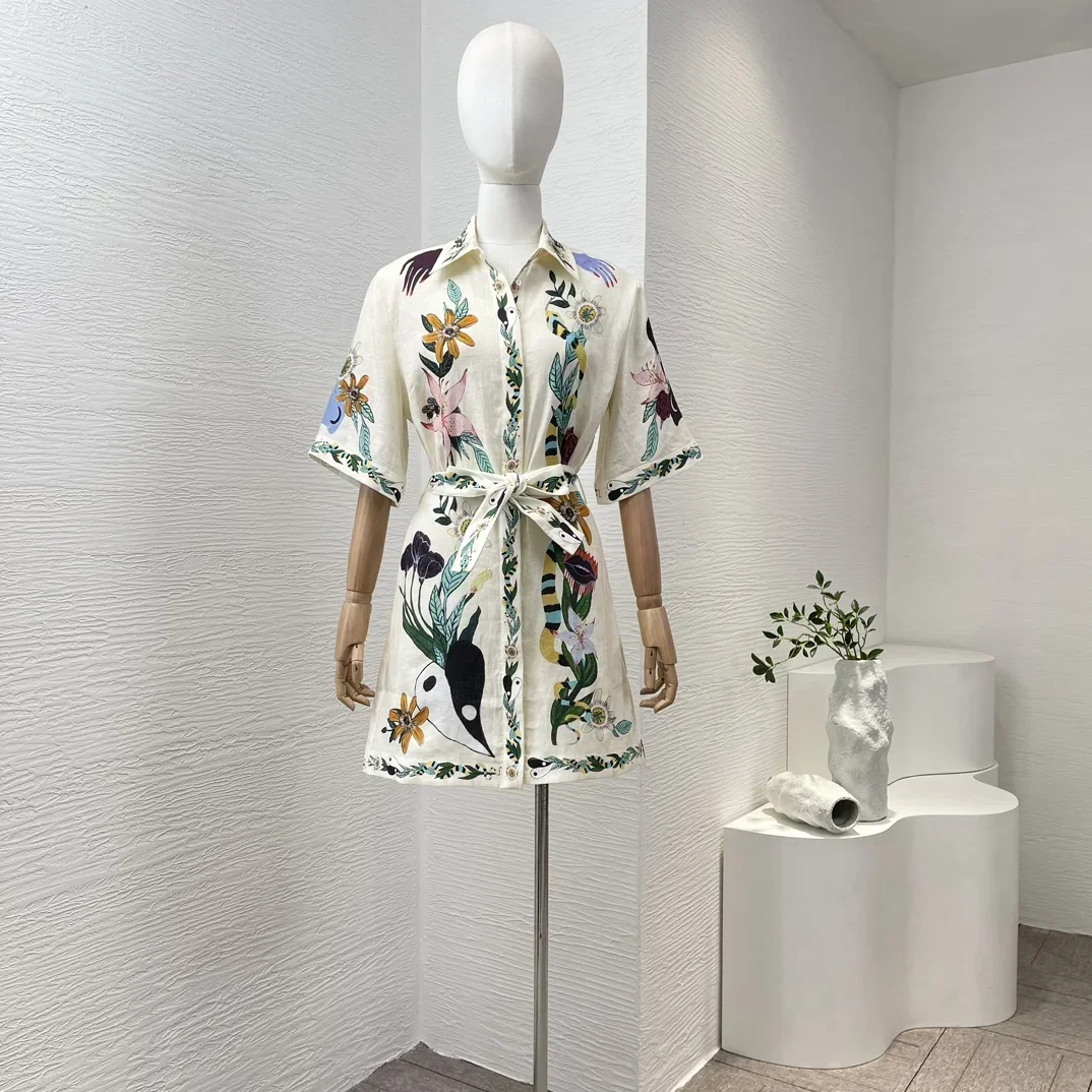 

2024 New Collection High Quality Linen Animals Printing Half Sleeve Mini Shirt Dress for Holiday