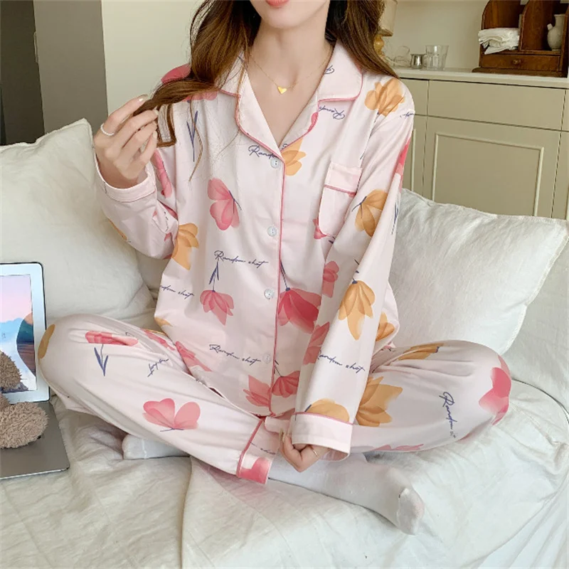 Spring Autumn Women's Thin Pajamas Lapel Long Sleeve Cardigan Pants Loose Casual Home Clothing Set Girls Sweet Printed Sleepwear
