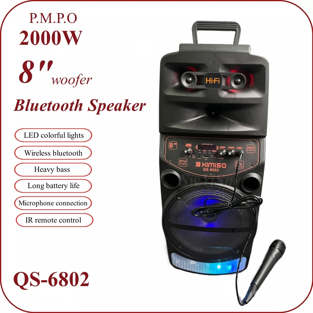 

2000W Peak Power Bluetooth Speaker 8-inch Outdoor Subwoofer Karaoke Portable Radio FM Speaker With LED lights mic Caixa De Som