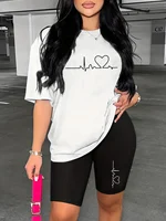 Women's Spring and Summer Fashion Casual Loose Large Size Love ECG Printed Round Neck Short Sleeve T-shirt+Shorts Two Piece Set