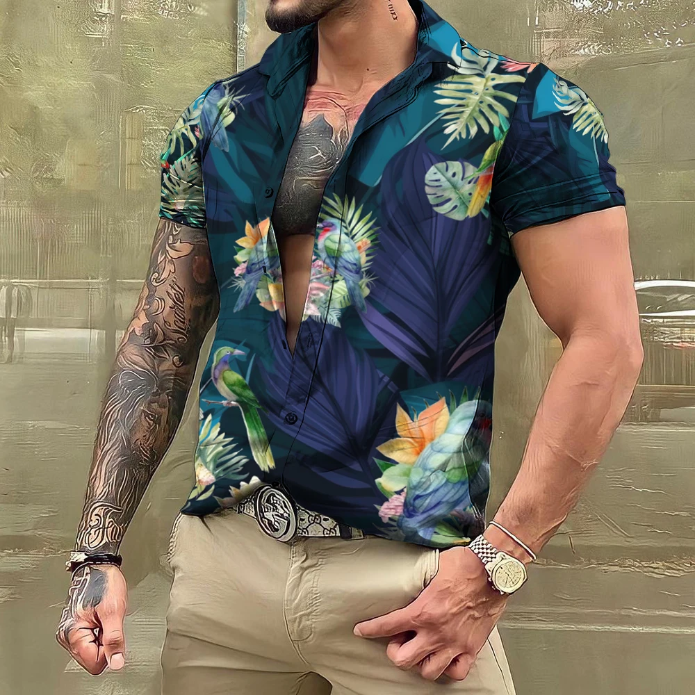 2024 Hawaiian Leaf Plant Shirts For Men Floral Short Sleeve Casual Oversized Tops Social Everyday Streetwear Clothing Tropical 5