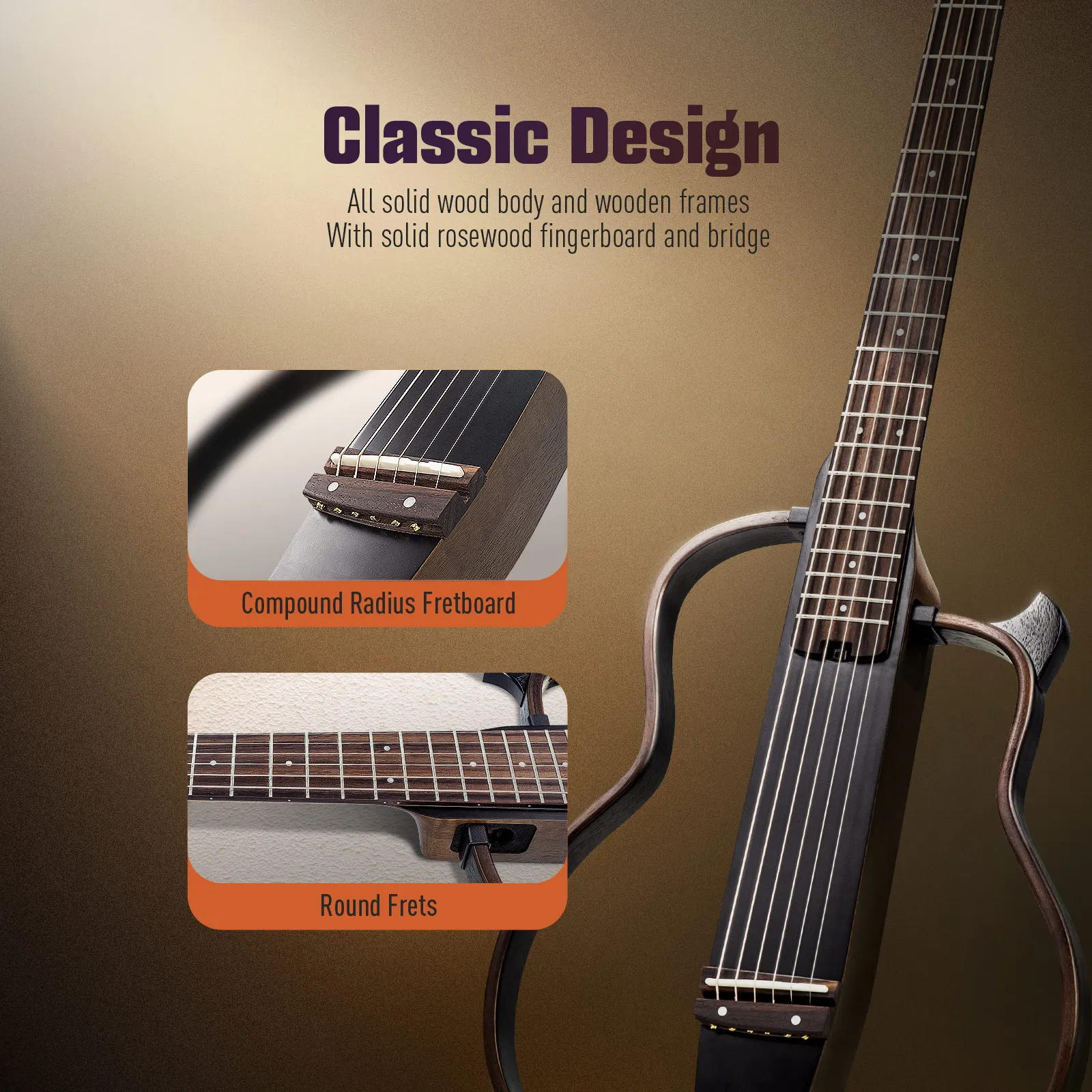 SONICAKE Silent Acoustic Electric Travel Guitar Solid Mahogany Body Assembly Frames Rechargeable Pre-amp Gig Bag All Accessories