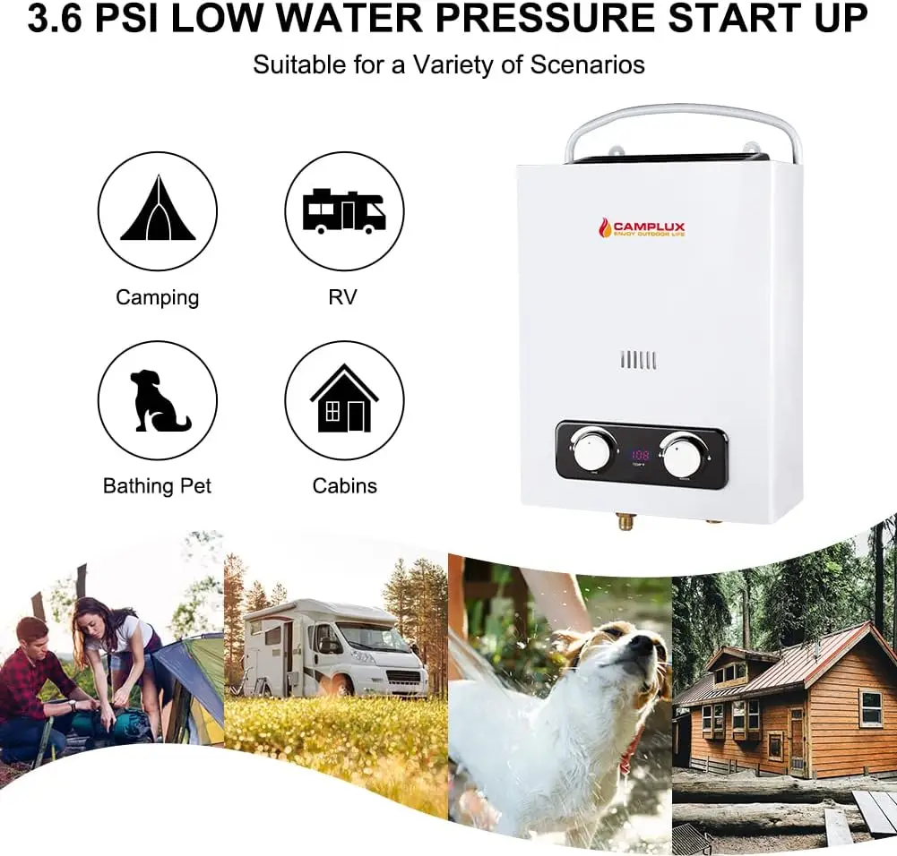 Portable Water Heater 1.5 GPM Tankless Gas Water Heater Outdoor Camping Propane Shower White