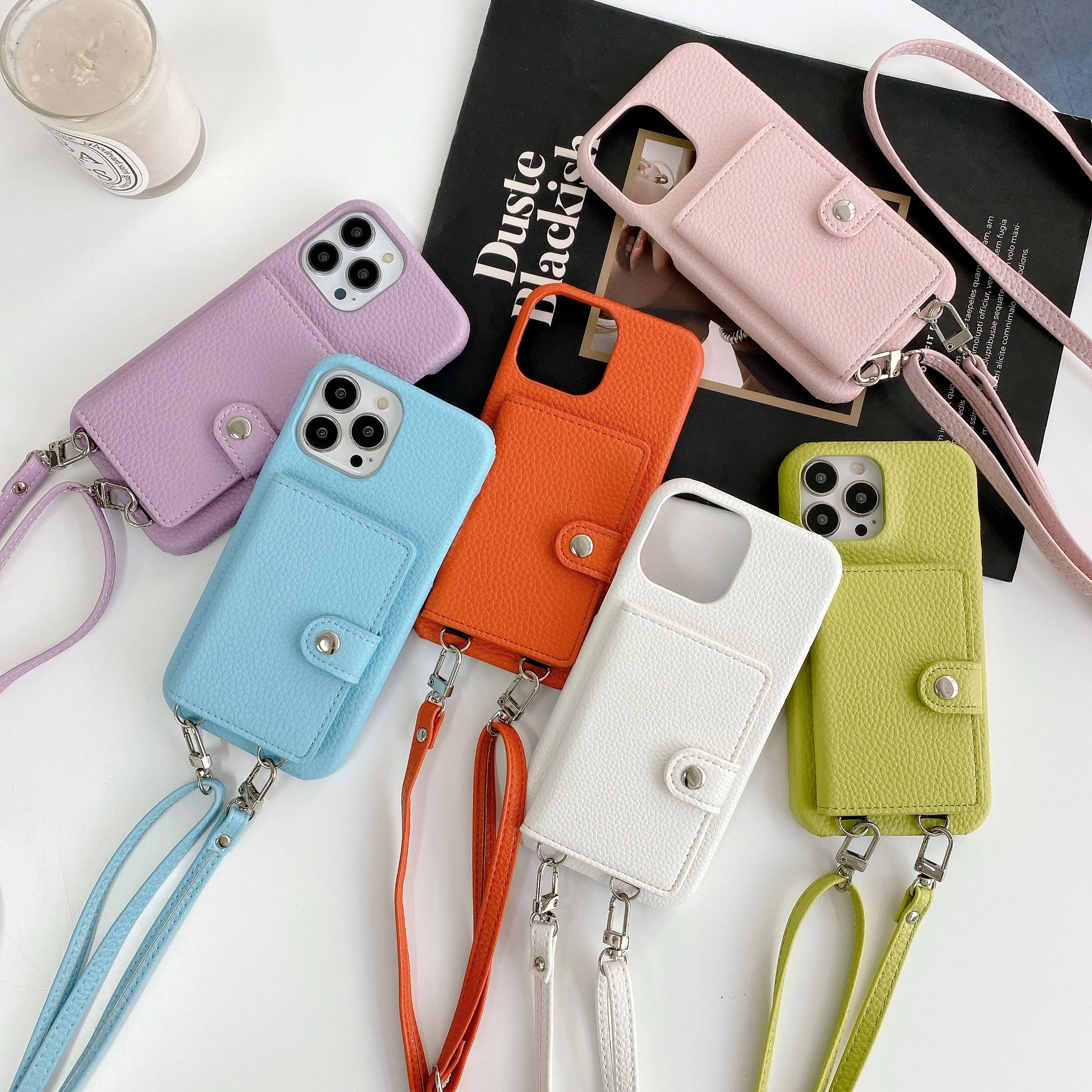 Capa de Telefone com Correia de Corda de Couro Capa de Cartão Packa Colar Cordão Iphone 13 Pro Max 12 11 14 xs xr Mini Plus 15 Pro - Image 6