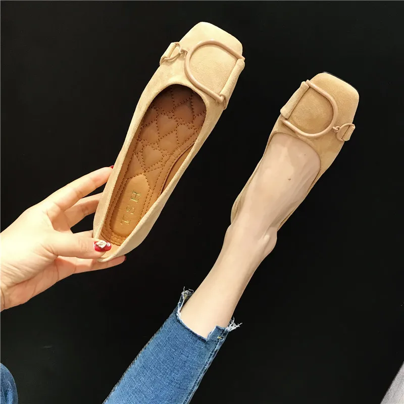 Flat Shoes for Women Spring 2023 New Suede Square Toe Shallow Cut Flat Bottomed Lefu Soft Bean Shoes Ladies big size 44 45 46 4