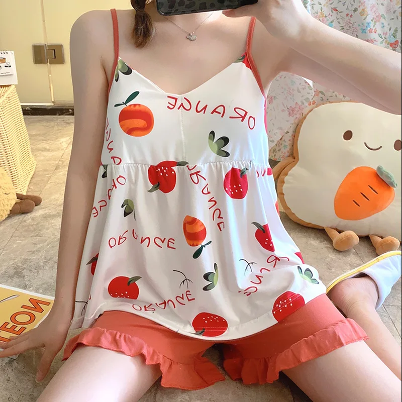 Women Pajamas Set Padded Bra Print Pijama Milky Silk Pyjama Female Sleepwear Sleeveless Cami Top Shorts Suits Homewear Nightwear