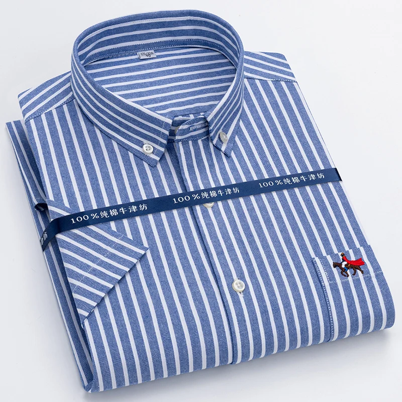 New Men\'s Short Sleeve Striped Plaid Casual Shirt Cotton Oxford Shirt Men\'s Pocket Embroidery Regular Fit Button Work Shirt