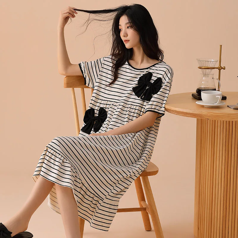 

Nightwear Women's Summer Thin Cotton Short Sleeve Long Dress Princess Style Pajama Dress Stripe Home Furnishing