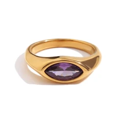 E.B.belle Colorful Zircon Seal Ring in Hypoallergenic Stainless Steel with 18K Gold Plating - 8 (Purple)