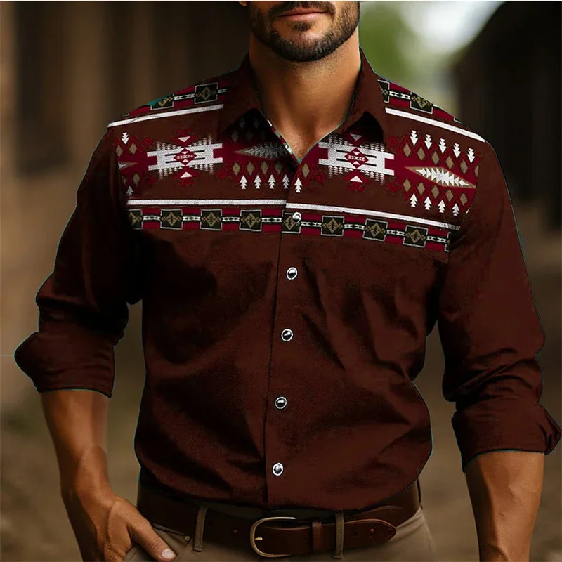 Camisa vaquera para hombre, diseño vintage, solapa, manga larga, botones, estampado, ropa de calle de moda, diseñador, estilo occidental
