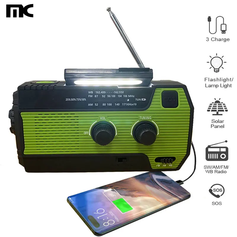 

Emergency Crank Weather Radio 4000mAh Solar Hand Crank Portable AM/FM/NOAA Radio with 2 Mode Flashlight & Reading Lamp Cell Phon